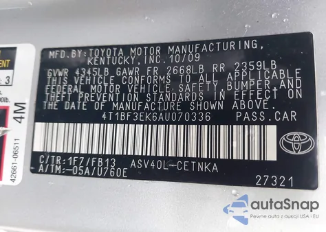 2010 Toyota Camry Le from USA, damaged, VIN 4T1BF3EK6AU070336